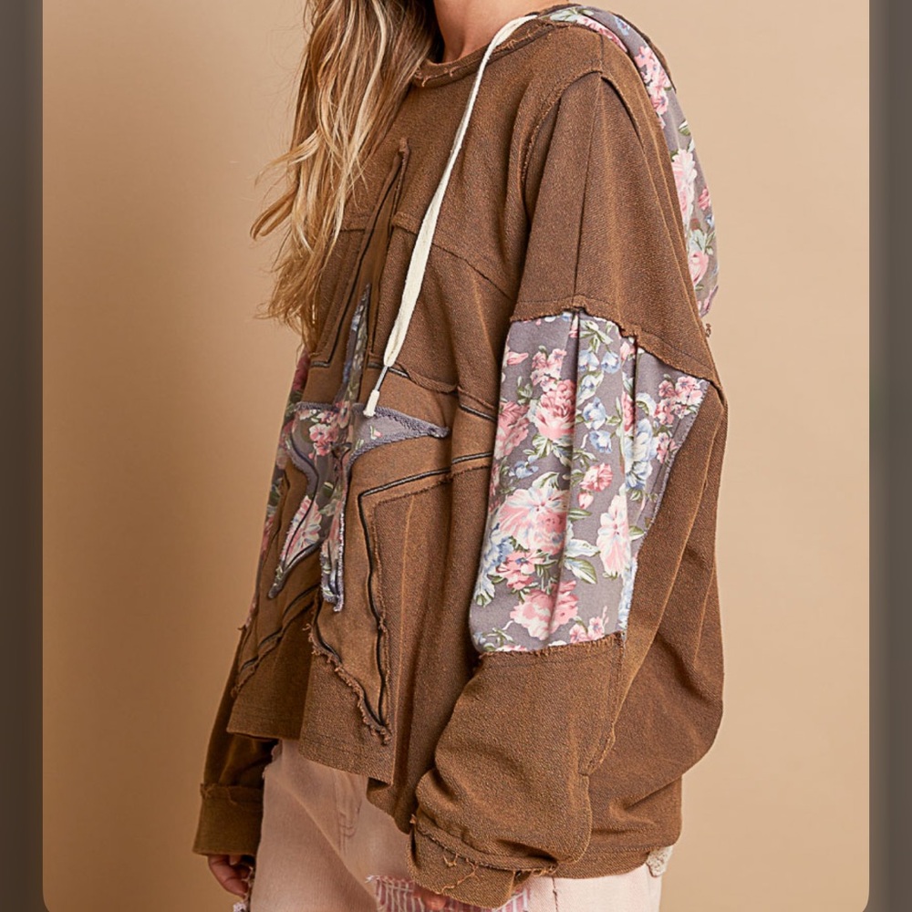 7. POL OVERSIZED Boho Rounded Neckline Hooded Long Sleeve Top Brown - Picture 2 of 3